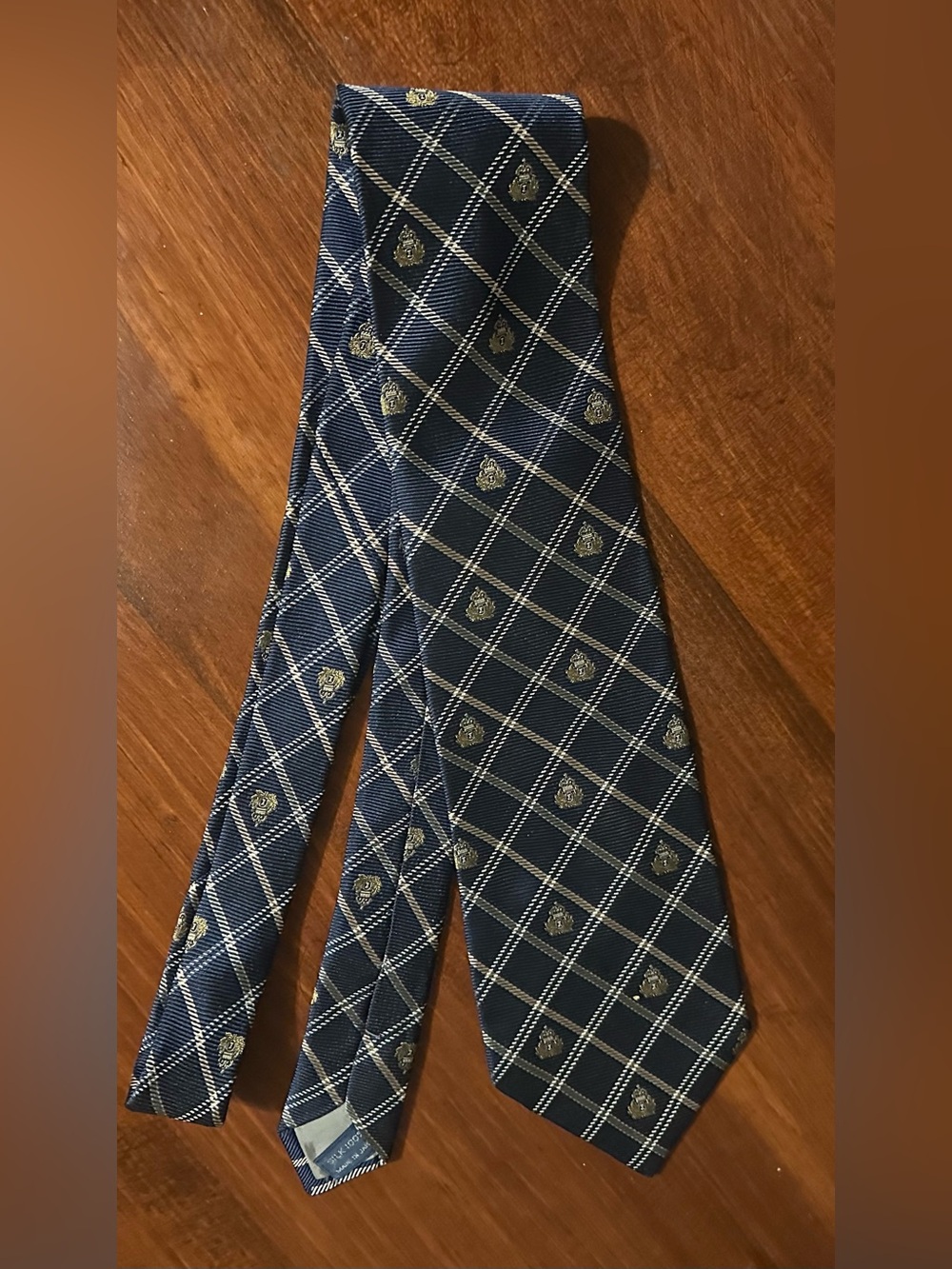 Ralph Lauren Navy Plaid Silk Tie with Gold Crest